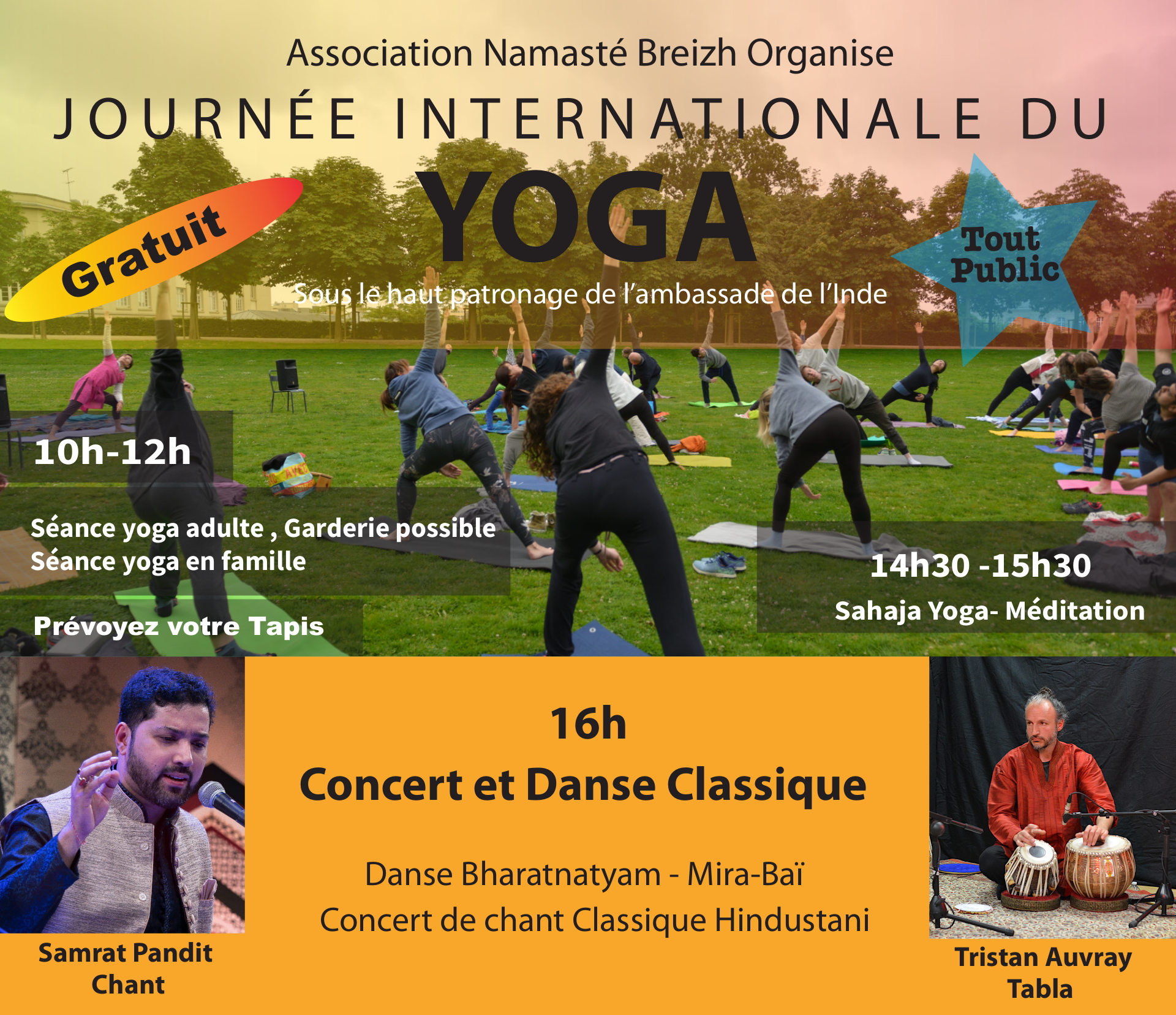 Journée internationale du Yoga : séance gratuites de Yoga et méditation, repas, spectacle danse Bharatanatyam et concert de chant classique hindustani